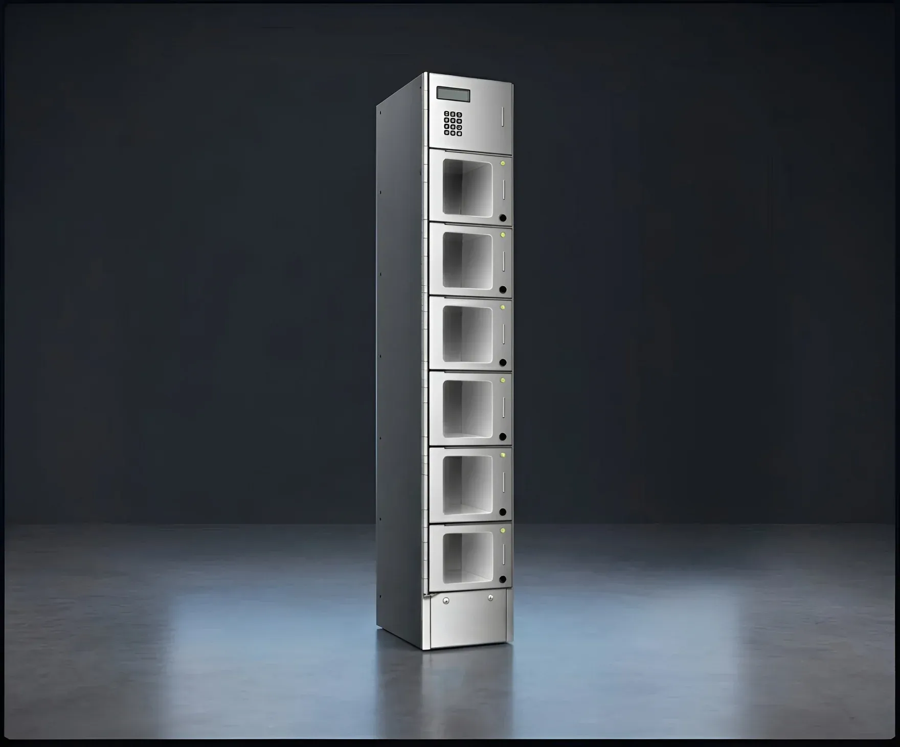 A single-column CellVault Back-of-House smart locker with a keypad and six secure compartments