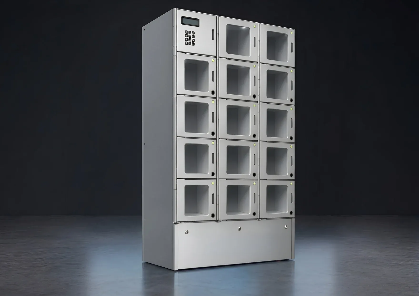 A three-column CellVault Back-of-House smart locker with fourteen secure compartments