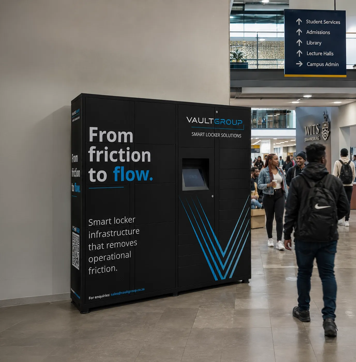 A PackVault unit in a campus concourse beside library and lecture-hall signage