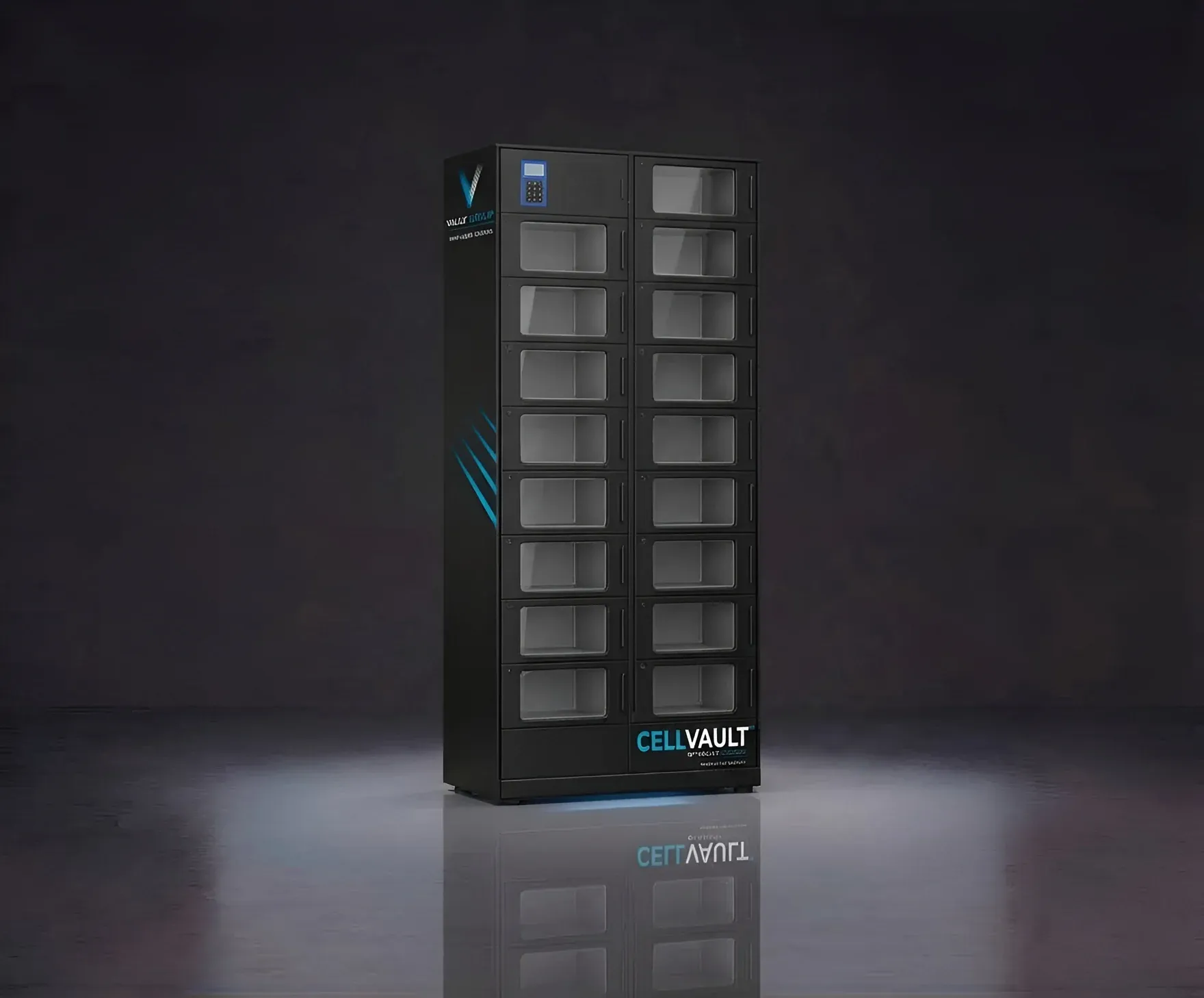 A black two-column CellVault Back-of-House smart locker with eighteen compartments and a keypad