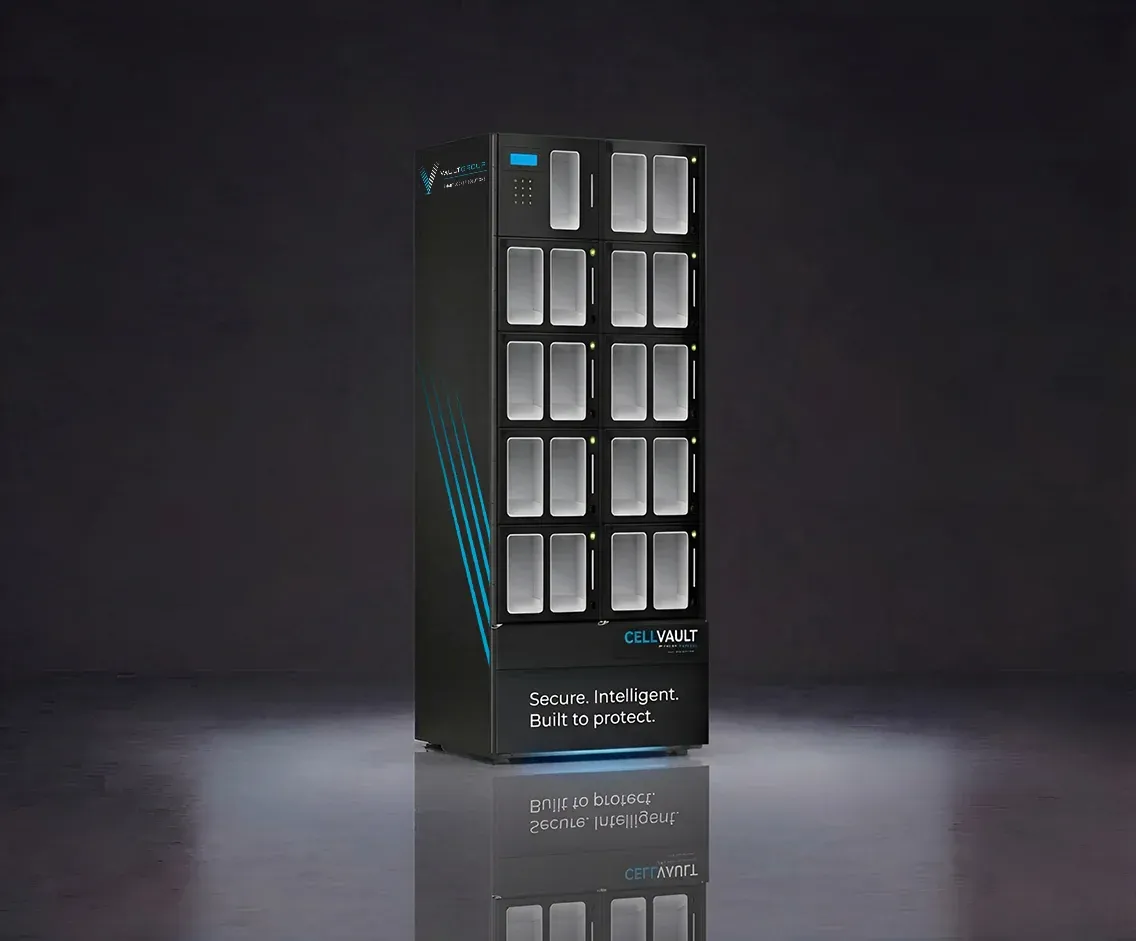 A two-column CellVault Front-of-House display locker with glass-fronted compartments for high-value devices
