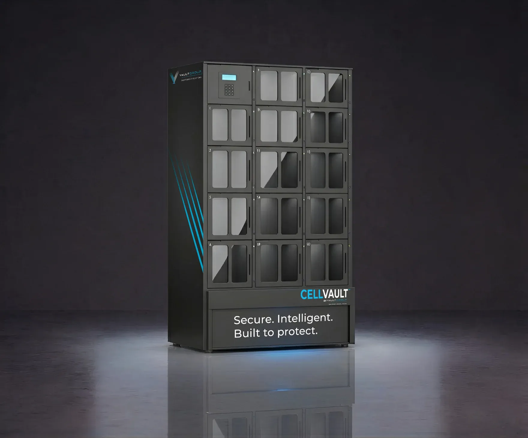 A three-column CellVault Front-of-House display locker with glass-fronted compartments and a keypad