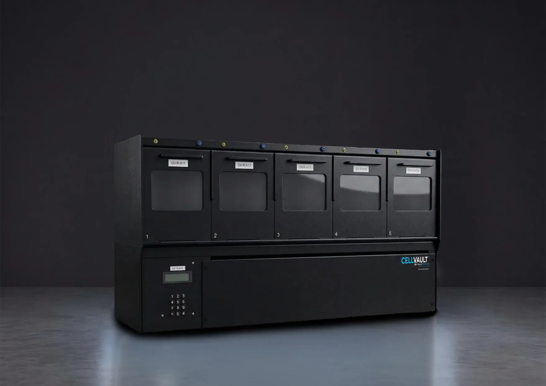 A compact CellVault Kiosk smart locker with five windowed compartments and a keypad