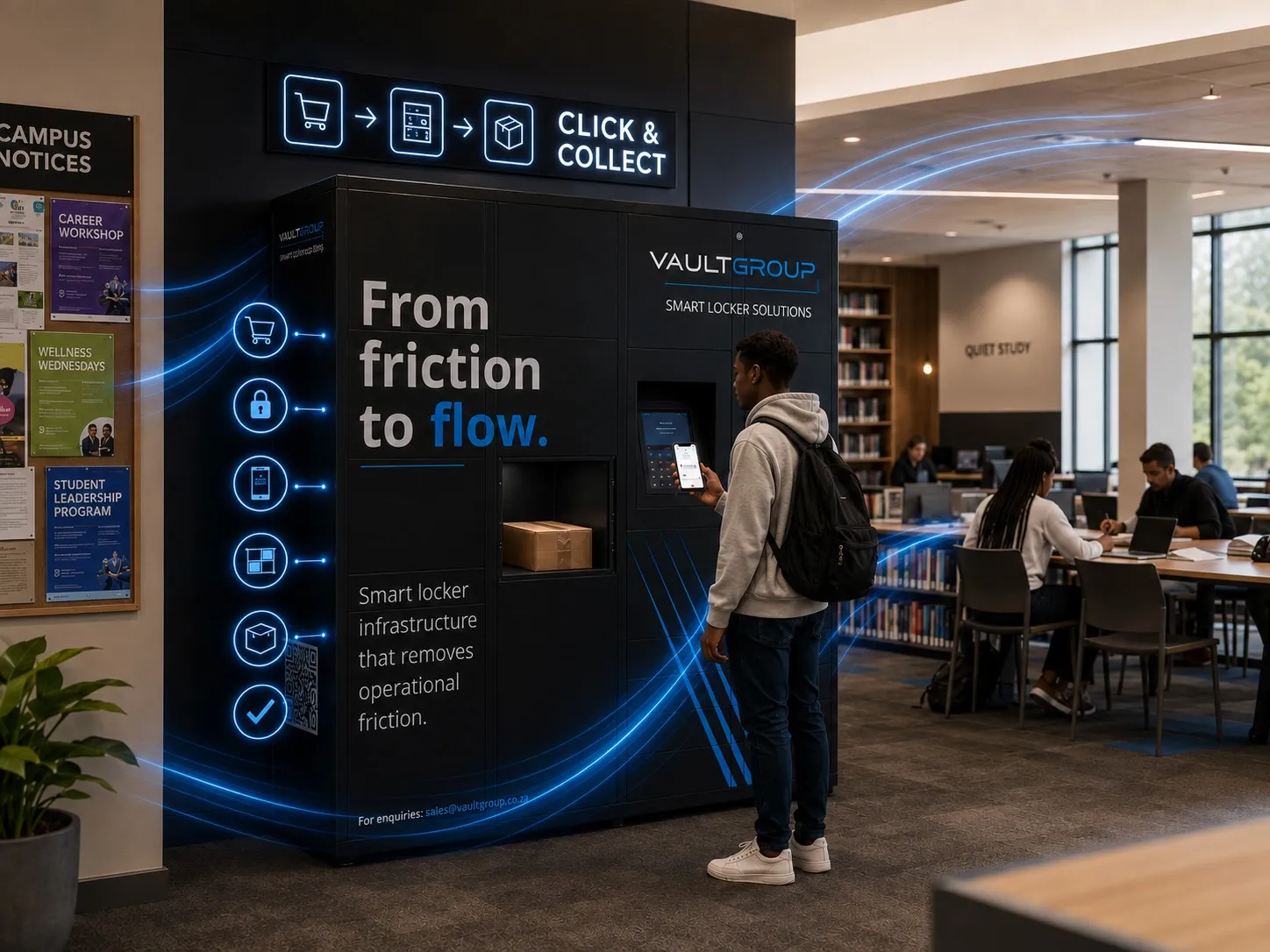 Students collecting parcels from a campus PackVault unit