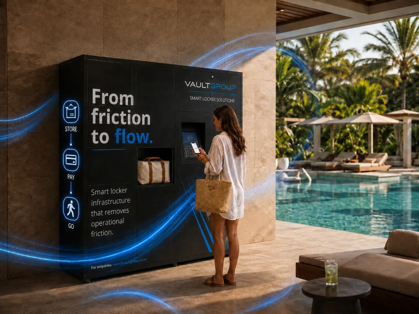 A poolside locker bank at a wellness club