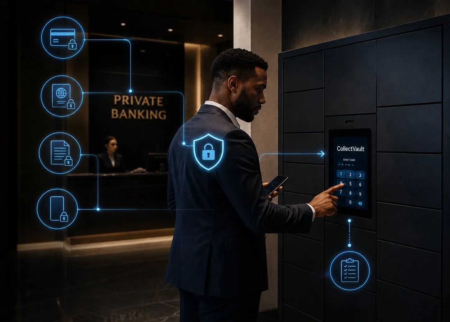 A customer collecting a bank card from a CollectVault unit in a banking hall