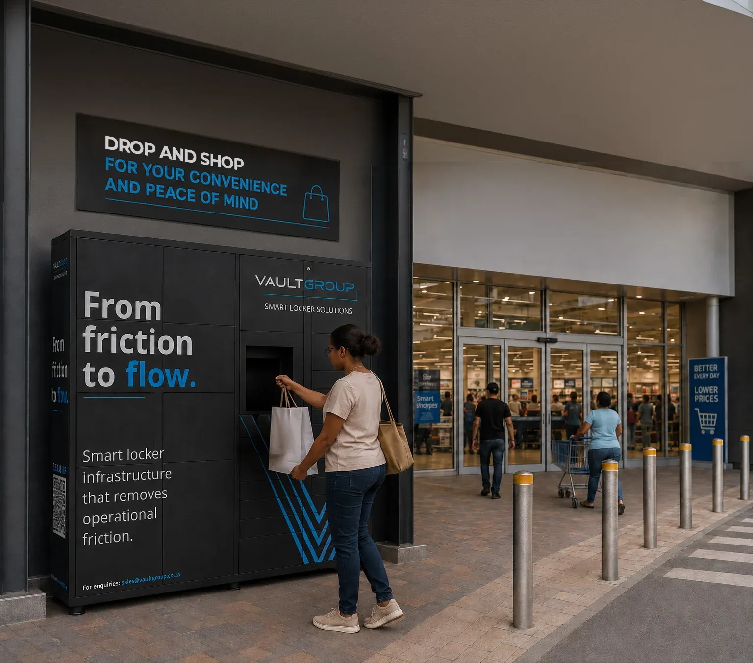 A Drop & Shop PackVault smart locker outside a hypermarket storefront, where shoppers store bags while they shop
