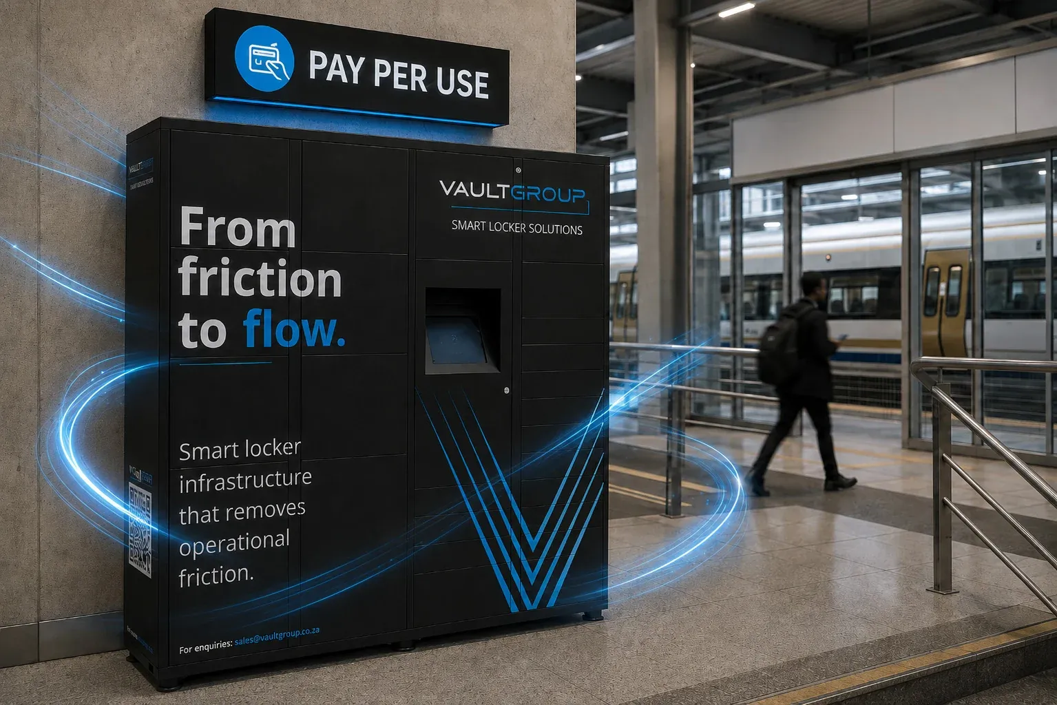 A Pay Per Use locker bank on a transit-station concourse
